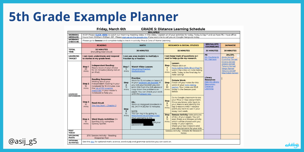 5th grade example planner as explained in the post (screenshot of timetables)