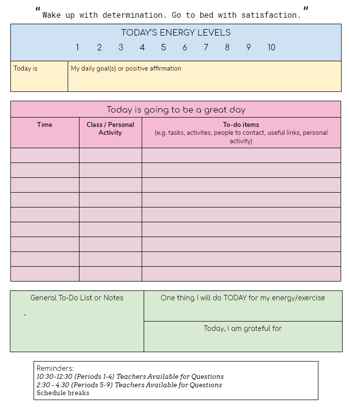 Google Doc planner for students (screenshot)